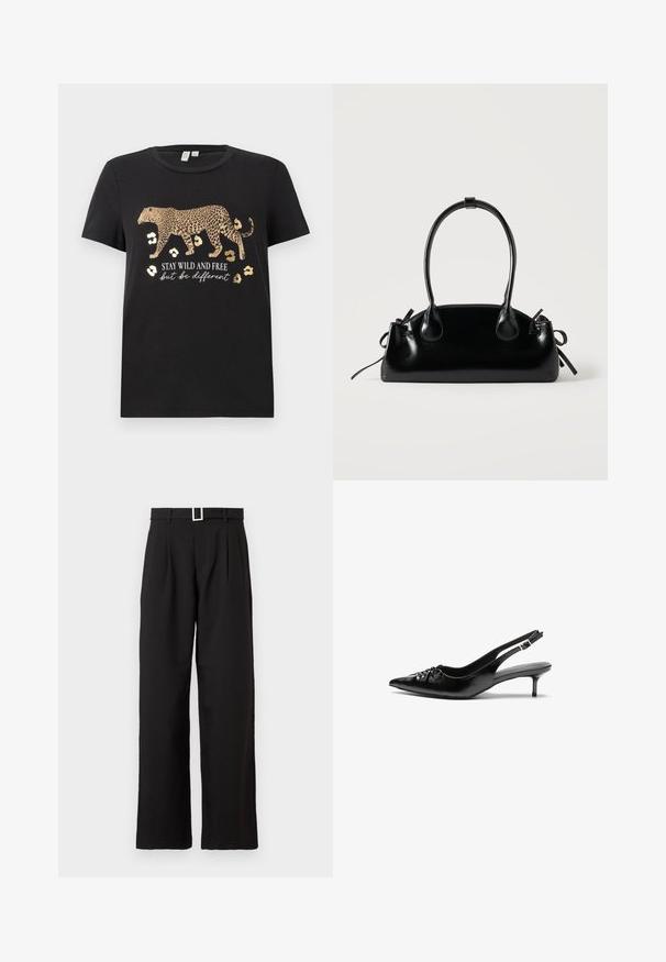 Sort bomulds T-shirt med leopardprint design og gyldne accenter. Har teksten "BLIV VILDE OG FRIE, men vær anderledes" under.; Sorte højtaljede bukser med brede ben og bæltestropper samt en sølv rektangulær spænde på hvid baggrund.; Sorte læder slingback-pumps med spids tå, lav kitten-hæl og rynket detalje på overdelen. Glat tekstur og minimalistisk design.; Lille sort blank håndtaske med to lange håndtag og snøre-detaljer i siden på en ensfarvet lys baggrund.