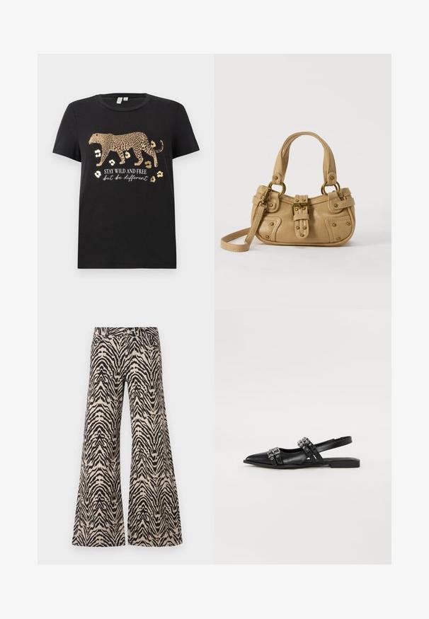Sort bomulds T-shirt med leopardprint design og gyldne accenter. Har teksten "BLIV VILDE OG FRIE, men vær anderledes" under.; Vide bukser lavet af stof med et beige og sort zebra mønster, med høj talje og traditionelt fem lomme design.; Even&Odd Slingback-ballerinasko - black; Beige læderhåndtaske med dobbelte håndtag, messing spænde og nitte detaljer samt en justerbar skulderrem mod en hvid baggrund.