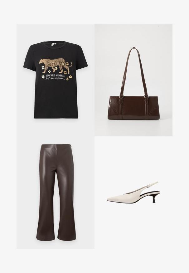 Schwarzes Baumwoll-T-Shirt mit Leopardenmuster und goldenen Akzenten. Mit dem Text "BLEIB WILD UND FREI, aber sei anders" darunter.; Braune, fälschungslederne, ausgestellte Hose mit hoher Taille und glatter Textur, die ein sauberes, maßgeschneidertes Design und weite Beinöffnungen aufweist.; Weißer Leder-Slingback mit spitzer Zehenpartie, kleinem Absatz und verstellbarem Knöchelriemen mit silberner Schnalle.; Braune Lackleder-Handtasche in rechteckiger Form, mit zwei langen Griffen und subtilen, geschwungenen Akzenten auf der Vorderseite.