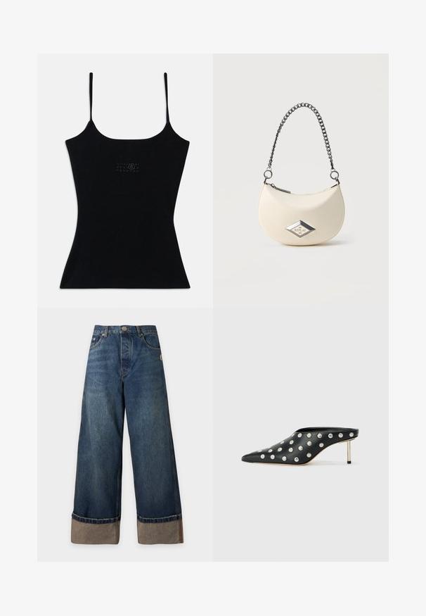 Mustalla tiukalla tanktopilla, jossa on ohuet hihnat, valmistettu ribbikudoksesta. Etupuolella on hienovarainen logomalli. Sujuva pinta ja tyylikäs siluetti.; Leveälahkeiset siniset denim-farkut, joissa on käännetyt reunat, jotka paljastavat vaaleamman sisäpuolen kankaan, etutaskut ja nappikiinnitys vyötäröllä.; STAND STUDIO KELSEY - Korolliset pistokkaat - black; Kermainen, sirppimäinen käsilaukku hopeaketjuhihnalla ja etuosassa timantinmuotoinen metallilogolaatta, jossa lukee "Replay".