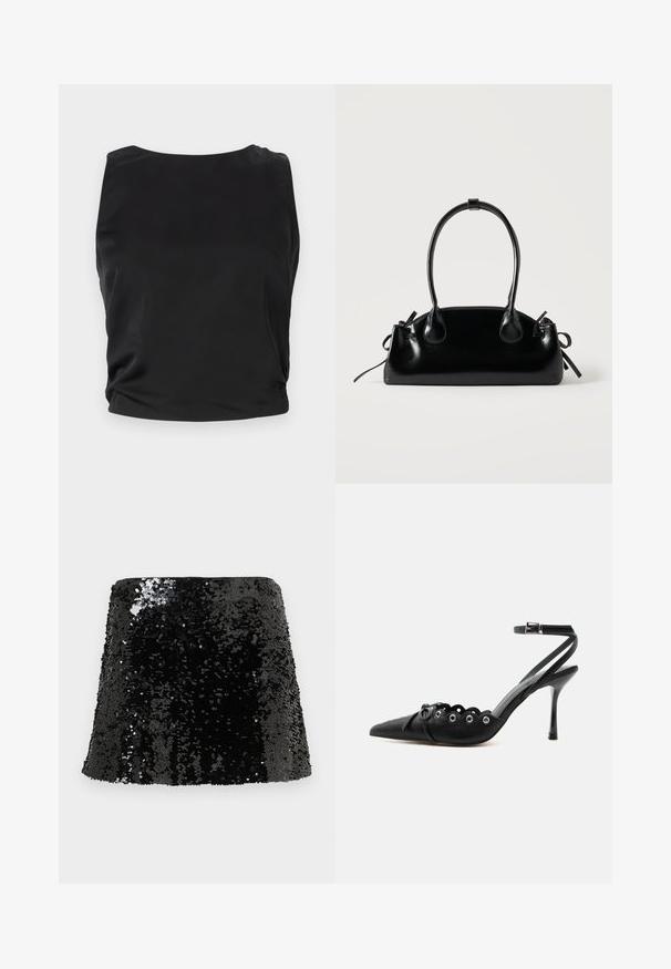 Débardeur noir sans manches avec une texture lisse et brillante ; il présente un col rond et des détails froncés sur les côtés pour une silhouette ajustée.; Mini-jupe noire à sequins avec une coupe ajustée, une texture brillante et une forme trapèze. Surface recouverte de sequins réfléchissants.; Chaussure à talon haut noire à bout pointu, bords festonnés, œillets métalliques, lacets à l'avant et bride de cheville avec fermeture à boucle.; Petit sac à main noir brillant avec deux longues anses et des détails à cordon sur les côtés sur un fond clair uni.