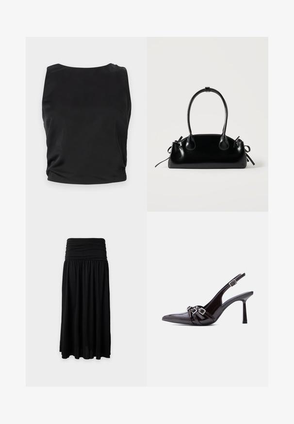 Débardeur noir sans manches avec une texture lisse et brillante ; il présente un col rond et des détails froncés sur les côtés pour une silhouette ajustée.; Jupe longue noire avec une large ceinture froncée et un tissu fluide et froncé sur un fond clair uni.; Chaussure à talon haut slingback en cuir verni noir, bout pointu, avec trois brides décoratives bouclées sur le dessus.; Petit sac à main noir brillant avec deux longues anses et des détails à cordon sur les côtés sur un fond clair uni.