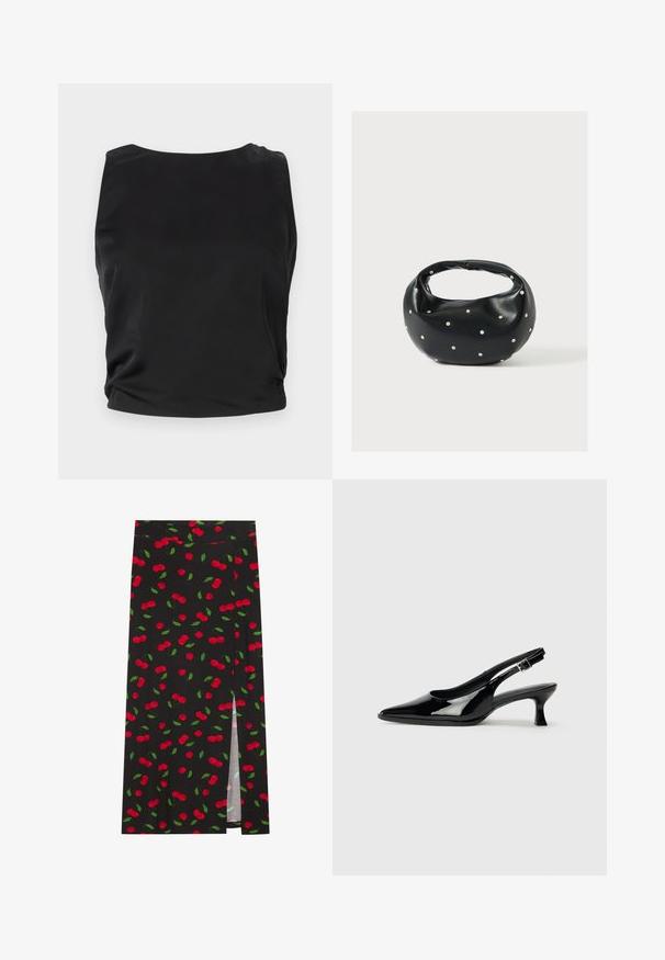 Débardeur noir sans manches avec une texture lisse et brillante ; il présente un col rond et des détails froncés sur les côtés pour une silhouette ajustée.; Jupe noire avec un motif de cerises comprenant des cerises rouges et des feuilles vertes. Inclut une fente latérale pour un détail de design supplémentaire.; Escarpins en cuir verni noir avec un bout pointu et un petit talon carré. Sangle réglable à la cheville avec boucle.; Sac à main en cuir noir de forme arrondie, décoré de clous argentés et équipé d'une poignée courte. Texture lisse et fermeture éclair.