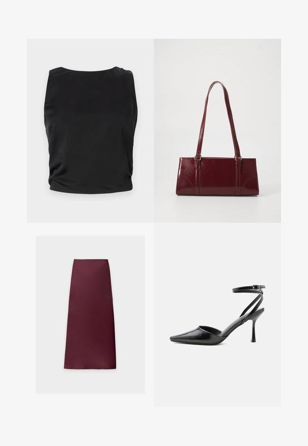 Débardeur noir sans manches avec une texture lisse et brillante ; il présente un col rond et des détails froncés sur les côtés pour une silhouette ajustée.; Jupe midi droite de couleur bordeaux foncé unie, en tissu lisse sans motifs ni ornements visibles.; Escarpin noir à bout pointu avec fines brides de cheville et fermeture à boucle argentée sur fond clair uni.; Sac à main bordeaux en matériau brillant, de forme rectangulaire, avec deux anses et des accents légèrement courbés à l'avant.