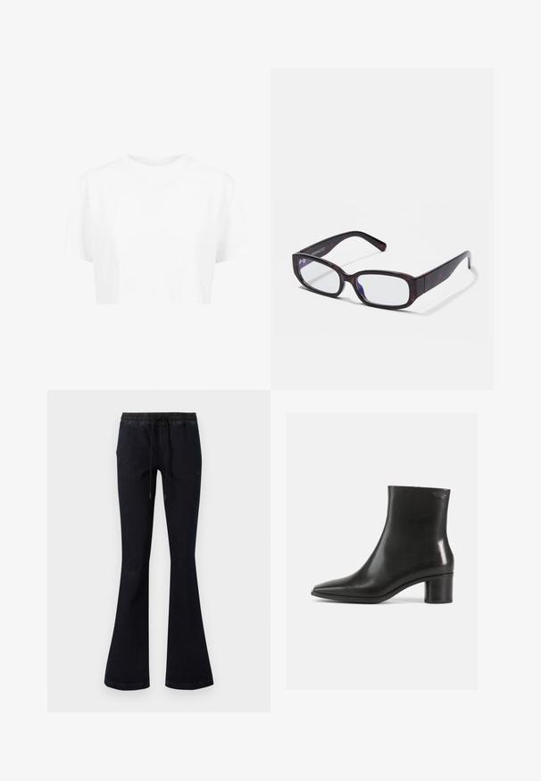T-shirt blanche raccourcie, à manches courtes, col rond, en tissu lisse, sans motifs visibles ni quincaillerie distincte.; Jean évasé bleu marine avec taille élastique et cordon de serrage noir, présenté sur un fond blanc uni.; Bottine en cuir noir avec un bout pointu et un talon bloc de hauteur moyenne. Texture lisse et design minimaliste. Pas de ferrures visibles.; Lunettes rectangulaires en écaille de tortue brune avec des verres transparents et des branches épurées, présentant une texture lisse et un design minimaliste.