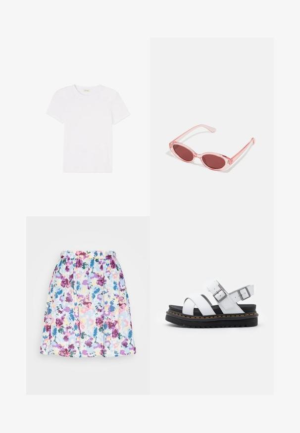 Schlichtes weißes Kurzarm-T-Shirt mit Rundhalsausschnitt, flach auf einem weißen Hintergrund ausgelegt.; VILA VILYBA SHORT SKIRT - Minirock - kentucky blue; Weiße Leder-Sandalen mit verstellbaren Schnallenriemen, geschichteter schwarzer Plateausohle und orangefarbener Naht entlang der Kante.; Pink transparente Sonnenbrille mit ovalen Gläsern, dunkler roter Tönung und schlanken Bügeln, ausgestattet mit einer glatten Oberfläche und dezenten Details am Rahmen.