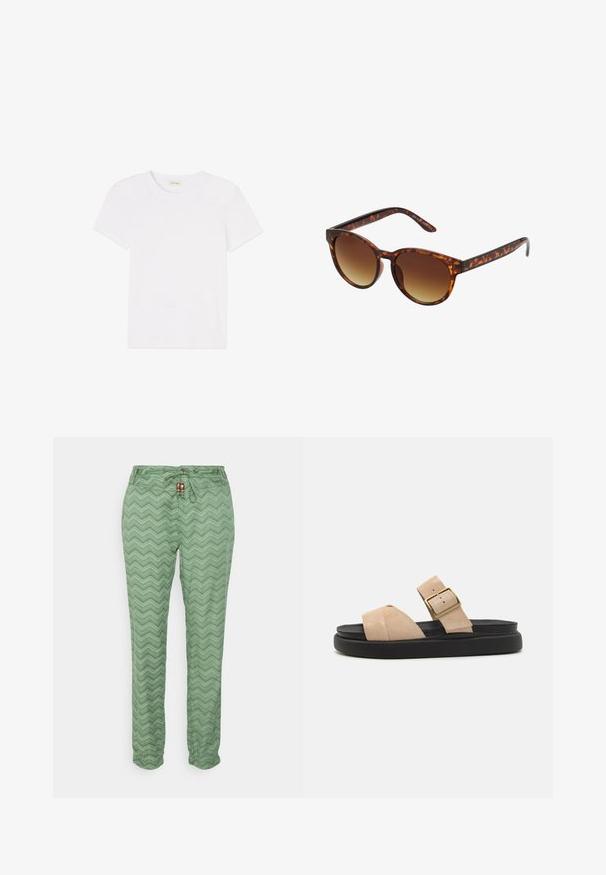 Camiseta blanca lisa de manga corta con cuello redondo, extendida y plana sobre un fondo blanco.; Ragwear TALIN CHEVRON - Pantalones - dusty green; Sandalias de ante beige con una correa curva, hebilla de tono dorado y suela de plataforma negra. Diseño plano adecuado para el uso casual.; Gafas de sol carey con forma de ojo de gato vintage, lentes marrones degradados y un acabado suave y brillante en las monturas y los brazos.