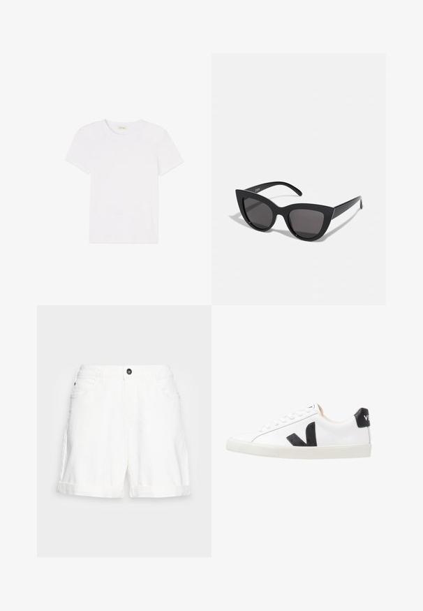 Camiseta blanca lisa de manga corta con cuello redondo, extendida y plana sobre un fondo blanco.; Shorts de mezclilla blanca con dobladillo doblado, diseño de cinco bolsillos y un botón negro en la cintura. Textura suave y corte casual.; Zapatilla blanca con un logo en V negro, con una parte superior de cuero liso, puntera redonda, cierre de cordones y una lengüeta en el talón de color negro en contraste.; Gafas de sol negras en forma de ojo de gato con un acabado mate, que presentan lentes ahumados grises, ángulos pronunciados y brazos laterales elegantes. Nombre de la marca visible en el interior del brazo.
