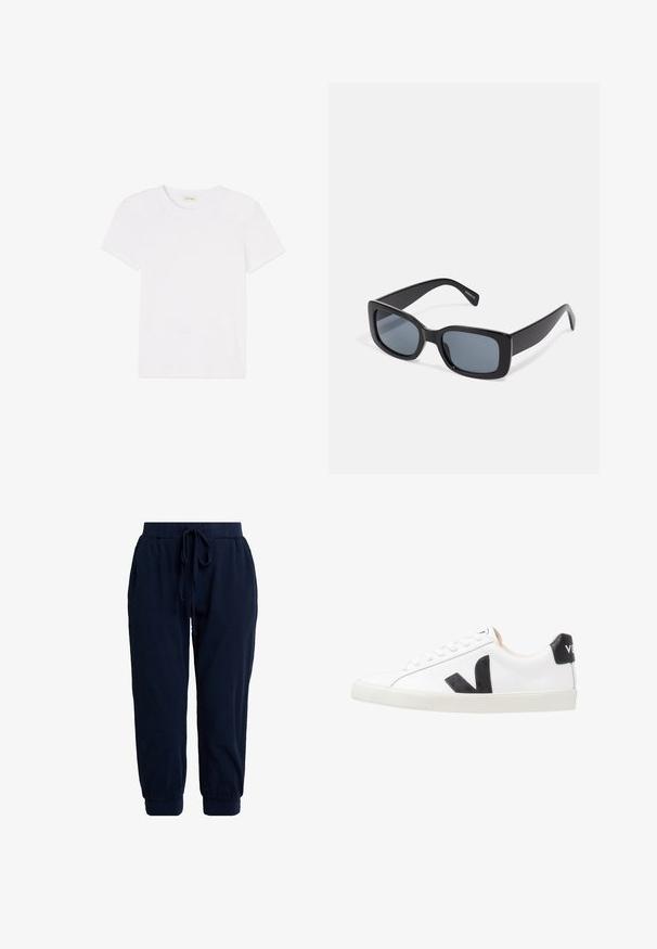 Schlichtes weißes Kurzarm-T-Shirt mit Rundhalsausschnitt, flach auf einem weißen Hintergrund ausgelegt.; Marineblaue Jogginghosen aus weichem Stoff. Verfügen über einen elastischen Bund mit Kordelzug und abgesteppte Beinabschlüsse für eine lockere Passform.; Weißer Sneaker mit einem schwarzen V-Logo, ausgestattet mit einem glatten Lederoberteil, runder Zehenpartie, Schnürverschluss und kontrastierendem schwarzen Fersenbereich.; Schwarze rechteckige Sonnenbrille mit dunkel getönten Gläsern, dickem Kunstrahmen und breiten Bügeln. Glatte Oberfläche und kantiges Design.