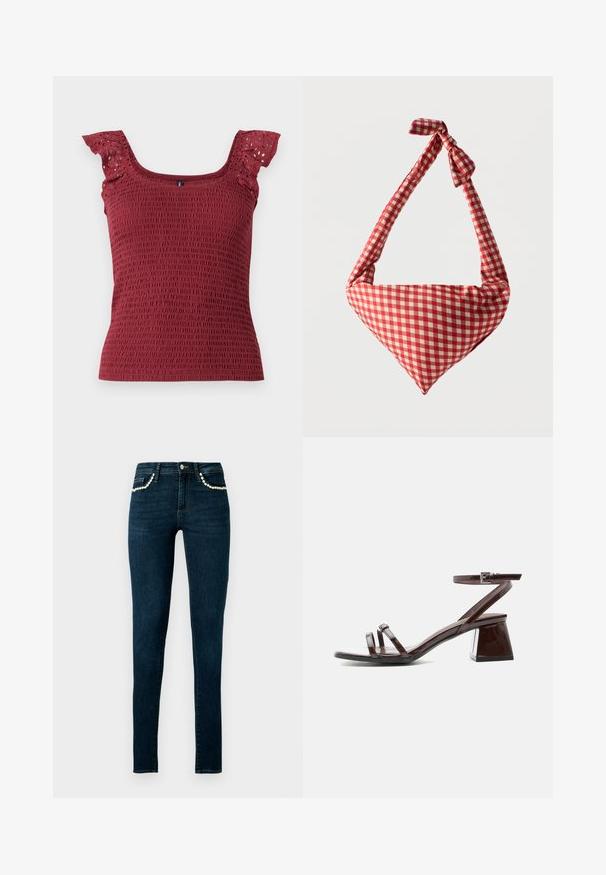 Débardeur bordeaux smocké avec un col carré et de délicates manches froncées avec découpes en œillets. Tissu doux et texturé.; Jean skinny bleu foncé taille haute avec des accents en perles soulignant les poches avant, présenté sur un fond clair uni.; Sandale en cuir verni marron foncé avec talon bloc, bride à la cheville avec boucle et deux fines lanières sur les orteils sur fond blanc.; Sac d'épaule en tissu doux à motif à carreaux rouges et blancs, poignée nouée et forme triangulaire sur un fond uni.