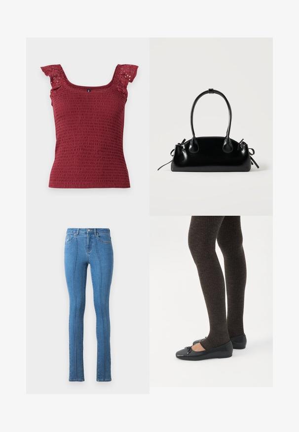 Débardeur bordeaux smocké avec un col carré et de délicates manches froncées avec découpes en œillets. Tissu doux et texturé.; Jean skinny en denim bleu avec une taille haute et une coupe ajustée. Présente des détails de couture le long des coutures ainsi que des poches typiques à l'avant et à l'arrière.; Jambes portant des leggings côtelés foncés associés à des ballerines noires avec de petits détails en nœud sur fond blanc.; Petit sac à main noir brillant avec deux longues anses et des détails à cordon sur les côtés sur un fond clair uni.