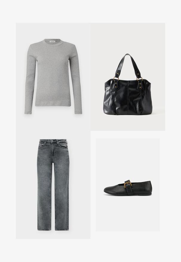 Grå langærmet sweater lavet af ribbede stoffer, med en rund halsudskæring og en tætsiddende silhuet. Simpelt design, ingen synlige mønstre eller accenter.; Grå straight-leg cowboybukser med forlommer, bæltestropper og lukning med knap og lynlås.; Sort flad lædersko med bred rem og stor guldbøjle på en ens hvid baggrund.; Sort læder skuldertaske med dobbelte stropper fastgjort med gyldne ringe og nitter, glat og let skinnende overflade, enkelt design.