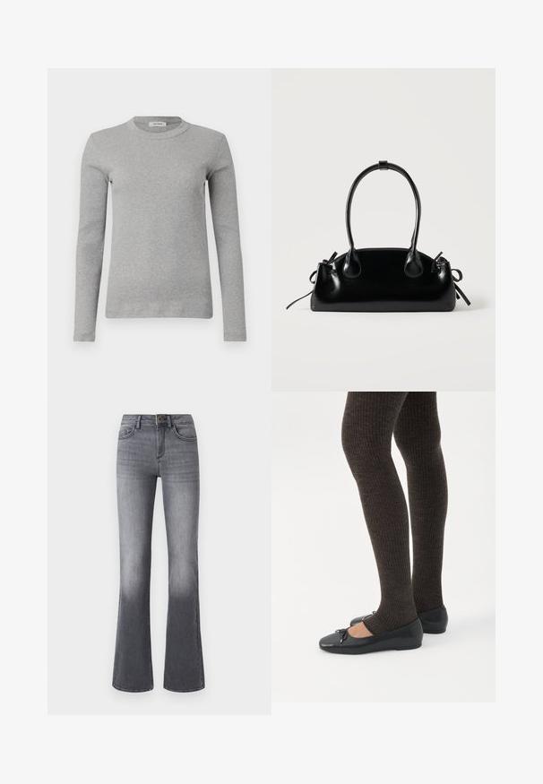 Grijze lange mouwen trui gemaakt van ribbelstof, met een ronde halslijn en een getailleerde pasvorm. Eenvoudig ontwerp, zonder zichtbare patronen of accenten.; High-waisted flared jeans in donkergrijze denim, met voorzakken, een knoopsluiting en subtiele vervaging naar de zoom toe.; Benen met donkere geribbelde leggings gecombineerd met zwarte ballerina's met kleine strikdetails op een witte achtergrond.; Kleine zwarte glanzende handtas met twee lange hengsels en zijkant trekkoord details op een effen lichte achtergrond.