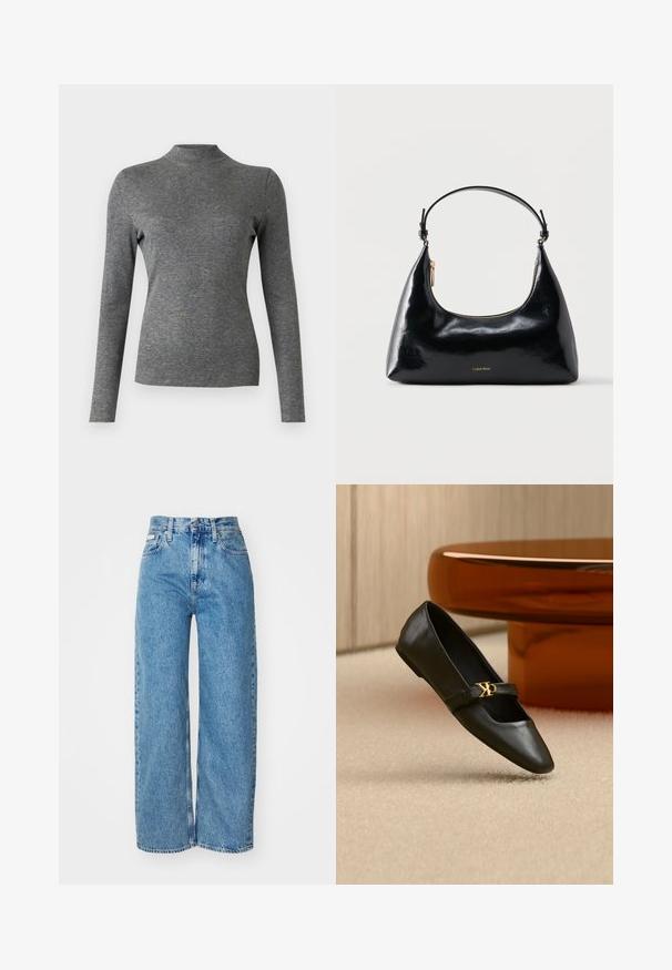 Grijze langjarige coltrui gemaakt van zachte, rekbare stof met een aansluitend ontwerp en een gladde textuur. Geen zichtbare patronen of accenten.; Lichtblauwe denim wijde jeans met hoge taille, rafelrand en vijf zakken. De verslete textuur voegt diepte toe aan de stof.; Zwarte leren platte schoen met puntige neus en gouden CK-logo op het bandje, geplaatst op een beige tapijt bij een ronde amberbruine tafel.; Zwarte glanzende Calvin Klein handtas met gouden rits en korte band tegen een effen witte achtergrond.