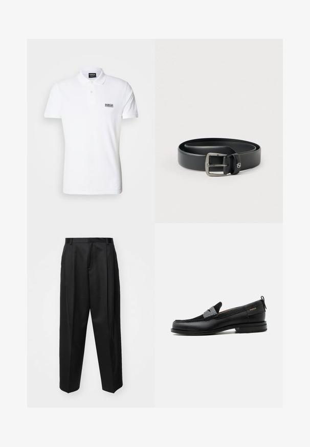 Valge polo särk, mis on valmistatud puuvillast, klassikalise kraega, kahe nupuga ja väikese musta "Barbour International" logoga rinna piirkonnas.; Mustad ülipikkade varrukatega püksid, millel on kõrge talje, laiad sääred ja teravad voldid. Valmistatud sileda materjaliga, millel on vöölink ja ilma nähtava riistvarata.; Must nahast loafer halli rihma detailiga, madala kand ja tekstuurse tallaga, külgedel kuldse "HUGO" brändiga.; Mustast nahast vöö läikiva hõbedase metallist pandlaga, sileda tekstuuriga ja õmmeldud servadega. Omab aasat vöö otsa kinnitamiseks.
