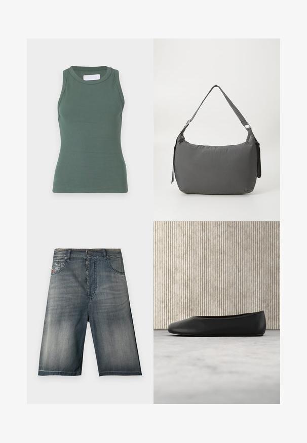 Débardeur vert côtelé avec un col rond et une conception sans manches. Fabriqué en coton extensible, présentant une coupe ajustée et une texture lisse.; Shorts en denim couleur bleu délavé, dotés d'un design à cinq poches, d'une fermeture à boutons et de détails de couture subtils.; Ballerine en cuir noir avec un bout arrondi, texture lisse et un accent logo doré sur le côté. Placée au-dessus d'une surface réfléchissante.; Sac à épaule en tissu gris rembourré avec une forme incurvée, une texture lisse, une bandoulière ajustable et un logo subtil en relief à l'avant.