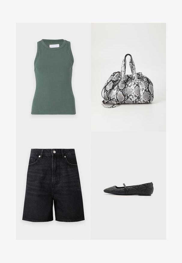 Débardeur vert côtelé avec un col rond et une conception sans manches. Fabriqué en coton extensible, présentant une coupe ajustée et une texture lisse.; Shorts en denim noir taille haute, avec poches avant et fermeture à bouton en métal argenté. Texture lisse avec des détails de décoloration subtils.; Chaussure plate noire à bout pointu avec motifs géométriques matelassés et une fine bride sur le cou-de-pied sur fond uni.; Sac à main en motif peau de serpent noir et blanc avec deux poignées, une fermeture à cordon et une bandoulière amovible. Texture lisse.