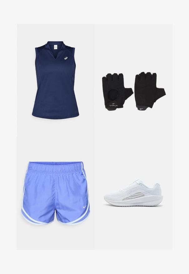 Marineblauw mouwloos sporttop met een V-hals, gemaakt van glad, vochtafvoerend materiaal; beschikt over platte naden en een klein logo op de linkerkant van de borst.; Nike sportshorts in lichtlila, met een elastische tailleband, witte zijkanten en een gladde, lichte stof.; Witte sportieve schoen met een bovenwerk van mesh, ronde neus en een textuurzool. Beschikt over een zilveren Nike swoosh en een minimalistisch ontwerp.; Zwarte vingerloze handschoenen met een gestructureerd ontwerp. Gemaakt van een ademend materiaal, met een duimopening en versterkte palm voor grip.