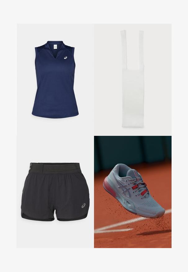 Marineblauw mouwloos sporttop met een V-hals, gemaakt van glad, vochtafvoerend materiaal; beschikt over platte naden en een klein logo op de linkerkant van de borst.; Zwarte hardloopshorts met een gaasband, met een zachte textuur, een korte lengte en een klein logo aan de onderzijde rechts.; Lichtblauwe tennisschoen met een gestructureerd bovenwerk, rode accenten en een halftransparante zool, zwevend boven een gravelbaan.; Witte katoenen riem met twee langwerpige handgrepen, met een gladde textuur en een rechthoekig lichaam. Eenvoudig ontwerp, geen aanvullende patronen of versieringen.