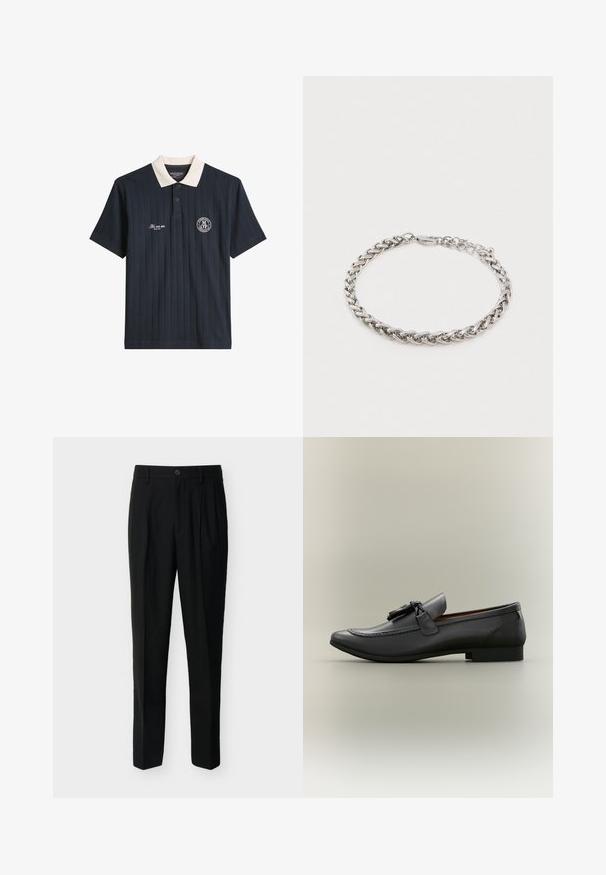 Polo bleu marine à manches courtes avec rayures verticales, col blanc, deux boutons, logo "Marc O'Polo" sur la poitrine et texte brodé blanc.; Pantalon noir taille haute, ajusté, avec passants de ceinture, plis à l'avant, poches latérales et fermeture boutonnée avec zip.; Mocassin en cuir noir avec un bout arrondi, un gland décoratif et des détails cousus. Talon plat avec un profil élégant et une texture lisse.; Bracelet en chaîne torsadée en argent avec un fermoir mousqueton et des maillons ajustables sur un fond blanc uni.