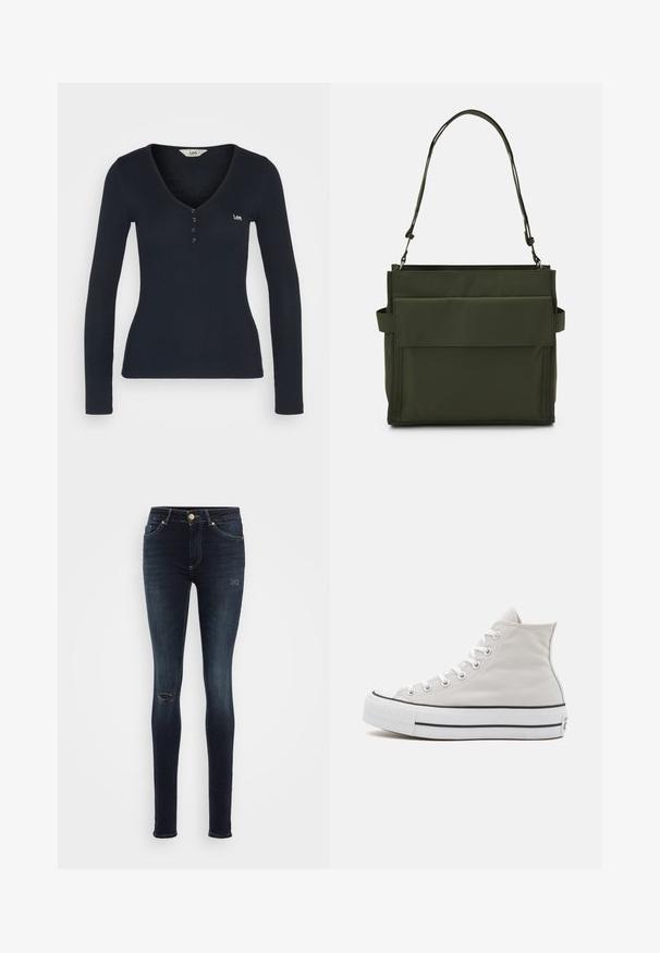 Top de manga larga, de color azul marino, con un escote en V, botones en la parte frontal y un pequeño logo bordado en el lado izquierdo del pecho. Textura suave.; ONLY Tall ONLBLUSH MID WAIST - Vaqueros pitillo - dark blue denim; Zapatillas altas de lona blanca con suela de goma, detalle de franja negra y ojales blancos, con punta redondeada y textura suave.; Bolsa tote verde oliva hecha de un tejido duradero con forma rectangular, cuenta con un bolsillo frontal con solapa y una correa para el hombro ajustable.