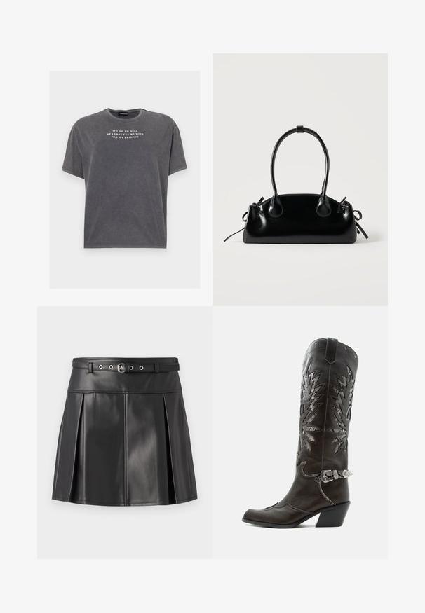 Even&Odd by Zalando TONIA TEE - T-Shirt print - black; Schwarzer plissierter Rock aus Kunstleder, mit einem enganliegenden Taillenbund und einem Gürtel sowie silbernen Metallakzenten. Glatte Textur.; Schwarzer Leder-Cowboystiefel mit dekorativen Ausschnitten, silberner Schnalle und schräger Ferse, auf weißem Hintergrund dargestellt.; Kleine schwarze glänzende Handtasche mit zwei langen Griffen und seitlichen Kordelzug-Details vor einfachem hellem Hintergrund.