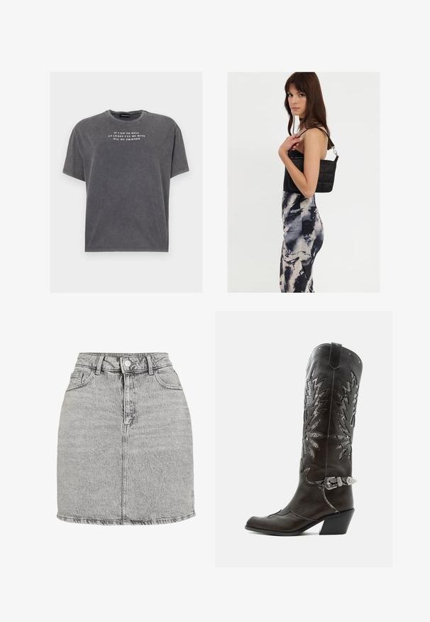 Even&Odd by Zalando TONIA TEE - T-Shirt print - black; Grauer Jeansrock mit hoher Taille, vorderem Knopfverschluss und zwei Seitentaschen. Mit einem ausgefransten Saum und einer dezenten Stone-Washed-Optik.; Schwarzer Leder-Cowboystiefel mit dekorativen Ausschnitten, silberner Schnalle und schräger Ferse, auf weißem Hintergrund dargestellt.; Schwarze gesteppte Schultertasche mit einem einzelnen Riemen und silberner Hardware, kombiniert mit einem figurbetonten Kleid im Batikmuster in Schwarz- und Cremetönen.