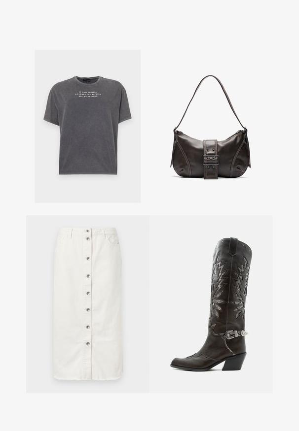 Even&Odd by Zalando TONIA TEE - T-shirt print - black; Witte denim midi-rok met knoopsluiting aan de voorkant, twee zijzakken en geborduurde accenten op de tailleband. Beschikt over een onafgewerkte zoom.; Zwarte leren cowboylaars met decoratieve uitsnijdingen, zilveren gesp en schuine hak, weergegeven op een witte achtergrond.; Bruine leren schoudertas met een gebogen vorm, voorzien van een opvallende gespdetail, contrasterende stiksels en een enkele schouderband.