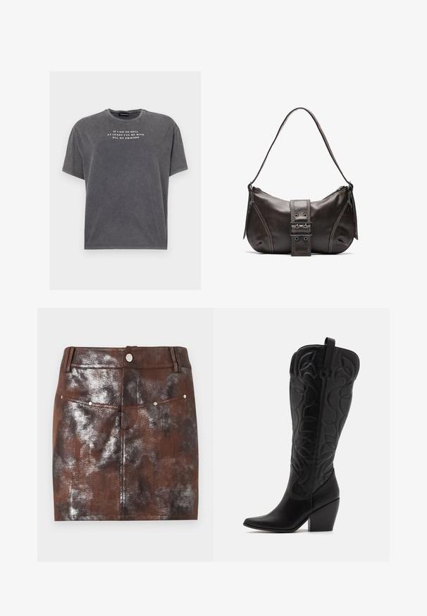 Even&Odd TONIA TEE - Camiseta estampada - black; Minifalda marrón y negra con efecto metálico, con bolsillos delanteros, trabillas para el cinturón y cierre con botón plateado en la cintura.; Botas negras de cuero hasta la rodilla con punta puntiaguda y tacón apilado. Presentan costuras decorativas y elementos de diseño curvados.; Bolso de hombro de cuero marrón con forma curva, que presenta un prominente detalle de hebilla, costuras en contraste y una sola correa para el hombro.
