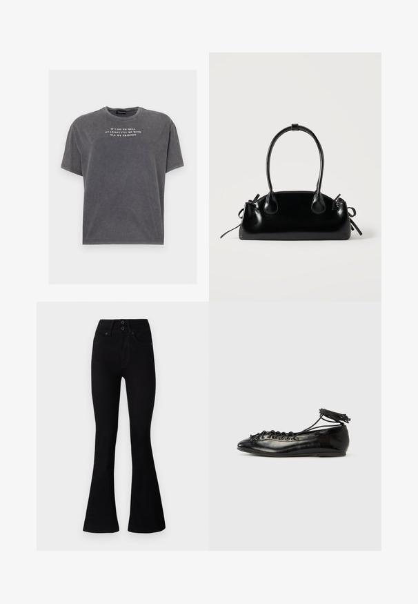 Even&Odd TONIA TEE - Camiseta estampada - black; Pepe Jeans FLARE CONTOUR - Vaqueros a campana - black denim; Zapatos planos tipo ballet de charol negro con punta redondeada, diseño con cordones y suela plana. Textura lisa con detalles mínimos.; Pequeño bolso negro brillante con dos asas largas y detalles de cordón lateral sobre un fondo claro liso.