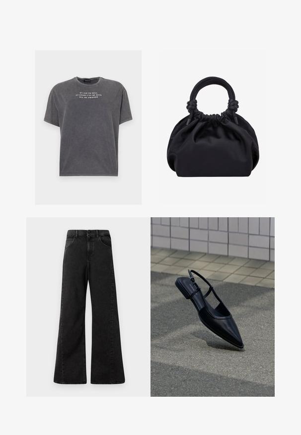Even&Odd by Zalando TONIA TEE - T-Shirt print - black; Hochtaillierte schwarze Jeans aus Denim mit weitem Bein, ausgestattet mit Fronttaschen und einem Knopfverschluss an der Taille.; Schwarzer, spitz zulaufender Slingback-Flachschuh, der über einer Asphaltfläche neben einem gefliesten Bürgersteig schwebt.; Schwarze weiche Stoffhandtasche mit gerafftem oberen Rand und runden, gepolsterten Griffen, die auf jeder Seite mit Knoten gebunden sind.