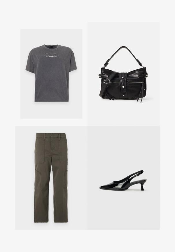 Even&Odd by Zalando TONIA TEE - T-Shirt print - black; Good American CROPPED PANTS - Cargohose - fatigue; Schwarze Lackleder Slingback-Schuhe mit spitzem Zehenbereich und niedrigem Blockabsatz. Verstellbarer Riemen mit Schnalle am Knöchel.; Even&Odd by Zalando H24462 - Handtasche - black