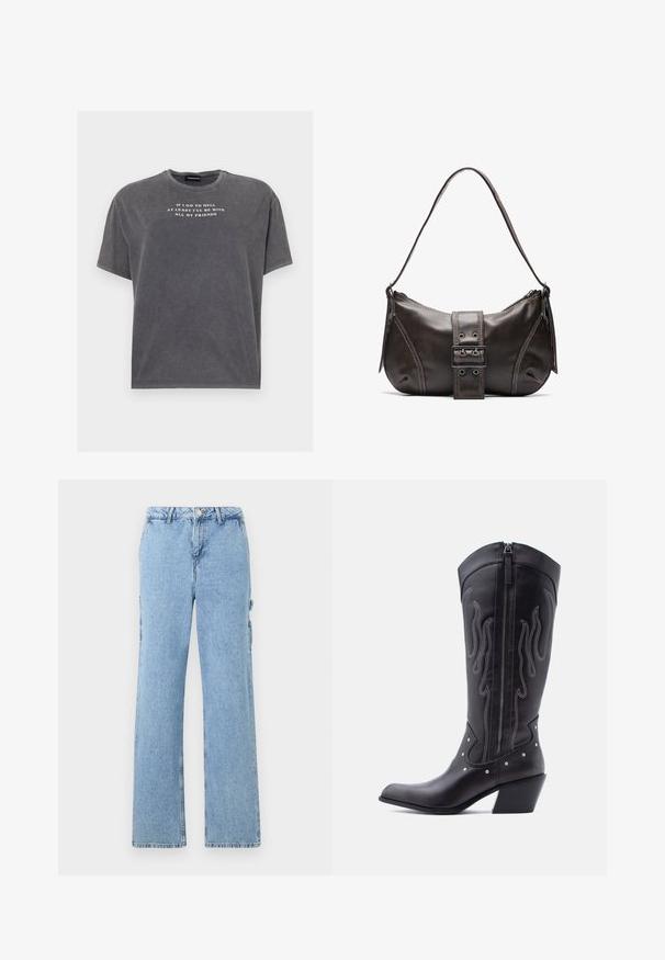 Even&Odd TONIA TEE - T-Shirt print - black; Hellblaue Jeans-Cargo-Hosen mit geradem Bein, ausgestattet mit Seitentaschen und kontrastierenden Nähten. Klassischer Fünf-Taschen-Stil.; Schwarze Cowboy-Stiefel aus Leder mit spitzer Zehenpartie, sichtbarer Nahtführung, silbernen Nietenakzenten und Reißverschluss auf der Innenseite.; Braune Lederumhängetasche mit gebogener Form, die mit einem auffälligen Schnallendetail, kontrastierenden Nähten und einem einzigen Schulterriemen ausgestattet ist.