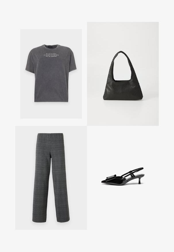 Even&Odd by Zalando TONIA TEE - T-Shirt print - black; Vero Moda VMBERLIN WIDE PANT - Stoffhose - dark grey/black; Schwarze Lackleder-Slingbacks mit spitzer Zehenpartie, einer Schleifendetail an der Vorderseite und einem kleinen Stiletto-Absatz. Die Riemen haben verstellbare Schnallen.; Schwarze Lederhandtasche mit dreieckiger Form, einem großen Ausschnittgriff und detaillierter Naht entlang der Kanten. Glatte Textur.