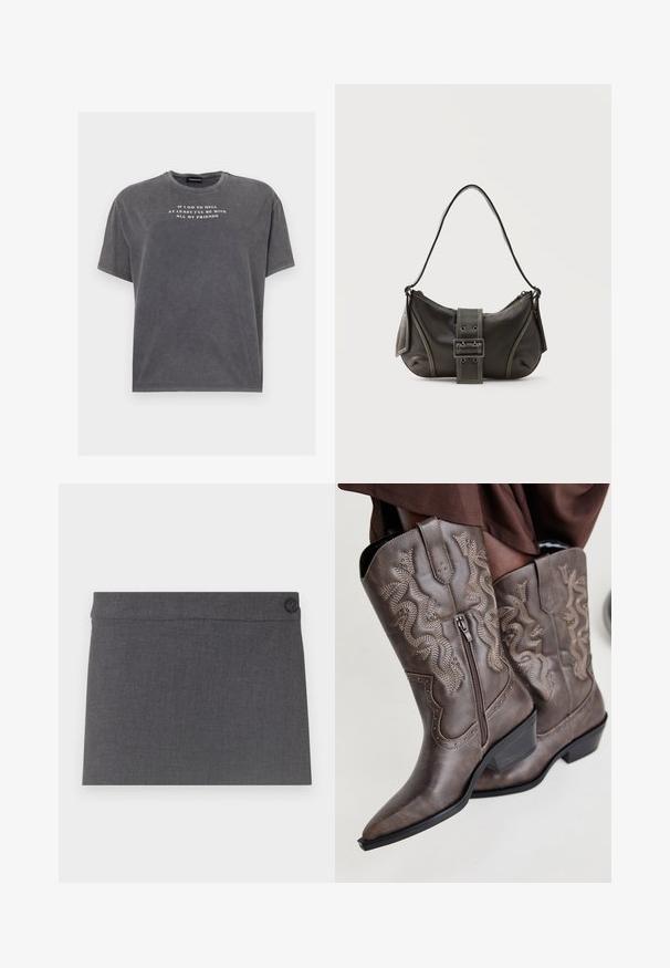 Even&Odd by Zalando TONIA TEE - T-Shirt print - black; Grauer Stoffrock mit glatter Textur, geradem Schnitt und einem einzelnen schwarzen Knopf am Taillenbund, mit einer klaren und einfachen Ästhetik.; Braune Leder-Cowboystiefel mit einer spitzen Zehenpartie, Seitenreißverschluss und einem strukturierten Schlangendesign in Beige, mit dekorativen Nieten entlang der Kanten.; Schwarze Leder-Schultertasche mit Schnallengurt-Detail, abgerundeten Kanten und kontrastierenden weißen Nähten auf schlichtem Hintergrund.