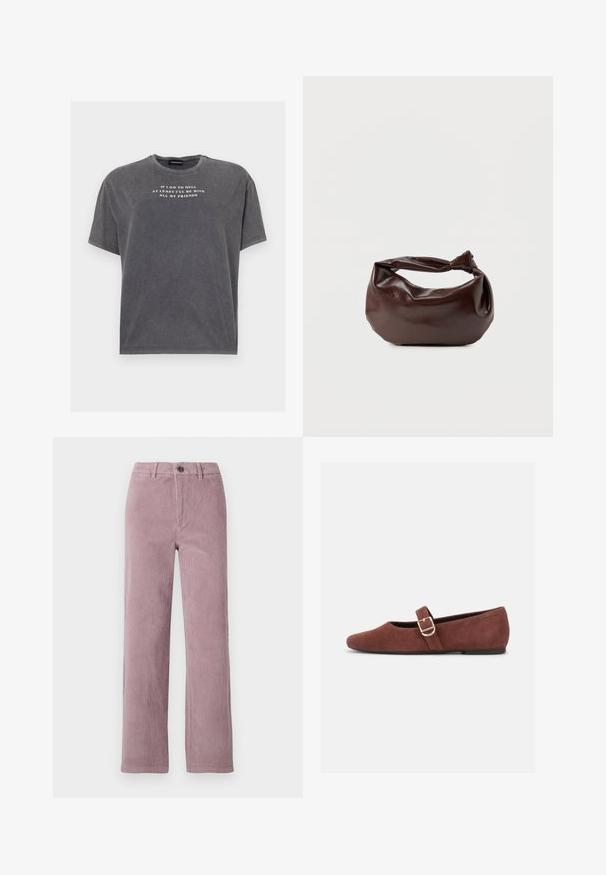 Even&Odd TONIA TEE - T-Shirt print - black; Cordhose in hellem Mauve mit geradem Beinanschnitt. Sie verfügt über einen vorderen Knopfverschluss und eine vertikale Rippstruktur.; Brauner Wildleder-Mary-Jane-Flachschuh mit goldener Schnallenriemen und schwarzer Sohle vor weißem Hintergrund.; Dunkelbraune Lederschultertasche mit weicher, lockerer Form und einem gedrehten Knotengriff vor schlichtem weißem Hintergrund.