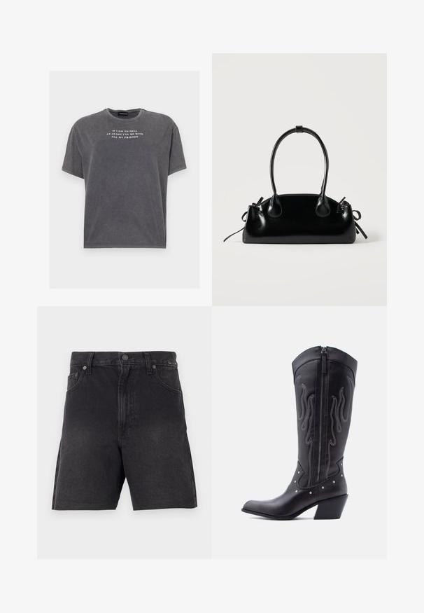 Even&Odd by Zalando TONIA TEE - Tričko s potlačou - black; Čierne denimové šortky so strihaním na rovno, s gombíkovým zapínaním, prednými vreckami a štruktúrovanou tkaninou. Minimalistický dizajn, bez viditeľných vzorov.; Čierne kožené kovbojské čižmy so špicatou špičkou, viditeľným prešívaním, striebornými ozdobnými nitmi a zipsom na vnútornej strane.; Malá čierna lesklá kabelka s dvoma dlhými rúčkami a bočnými šnúrkovými detailmi na jednoduchom svetlom pozadí.