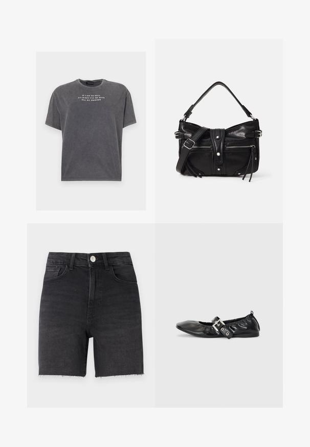 Even&Odd TONIA TEE - Tričko s potlačou - black; Čierne džínsy šortky s priliehavým strihom, priamym strihom, roztrhnutým lemom, päť vreckovým štýlom a kovovým gombíkovým zapínaním v páse.; Čierna kožená plochá obuv s špicatou špičkou, zberaným detailom okolo otvoru a strieborným prackovým akcentom na nastaviteľnom remienku.; Even&Odd H24462 - Kabelka - black