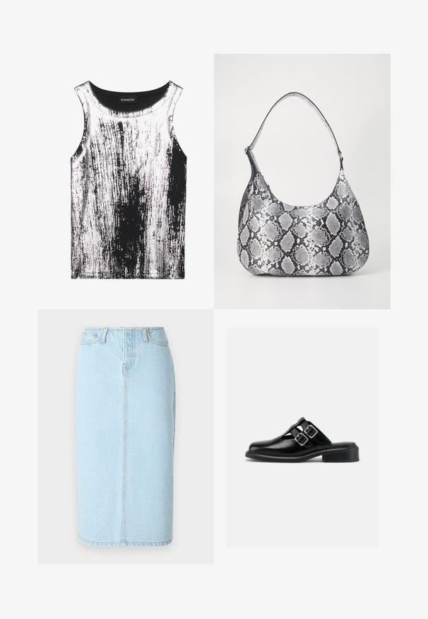 Débardeur noir et blanc en tissu extensible, présentant un motif rayé avec des accents brillants, un col rond et un design sans manches.; Jupe crayon en denim bleu clair avec taille haute, design à cinq poches et détails de couture subtils le long des coutures.; Chaussure à enfiler en cuir noir avec deux boucles argentées, côtés ouverts, bout rond et talon bas empilé, montrée de profil sur fond blanc.; Sac à épaule en simili cuir noir et blanc avec imprimé serpent, de forme arrondie, texture lisse et bandoulière incurvée. Présente un accent en matériel argenté.