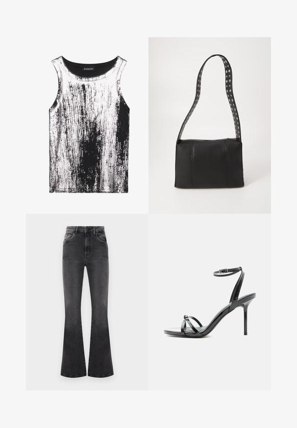 Débardeur noir et blanc en tissu extensible, présentant un motif rayé avec des accents brillants, un col rond et un design sans manches.; Jean noir évasé avec taille haute, détails de couture et cinq poches. Le tissu a une texture lisse avec une finition délavée.; Sandale à talon haut en cuir verni noir avec de fines lanières croisées sur les orteils et une sangle à boucle à la cheville sur fond blanc.; Sac à main en cuir noir de forme rectangulaire, doté d'une fermeture éclair et d'une bandoulière à pois. Texture lisse, détails de couture minimaux.