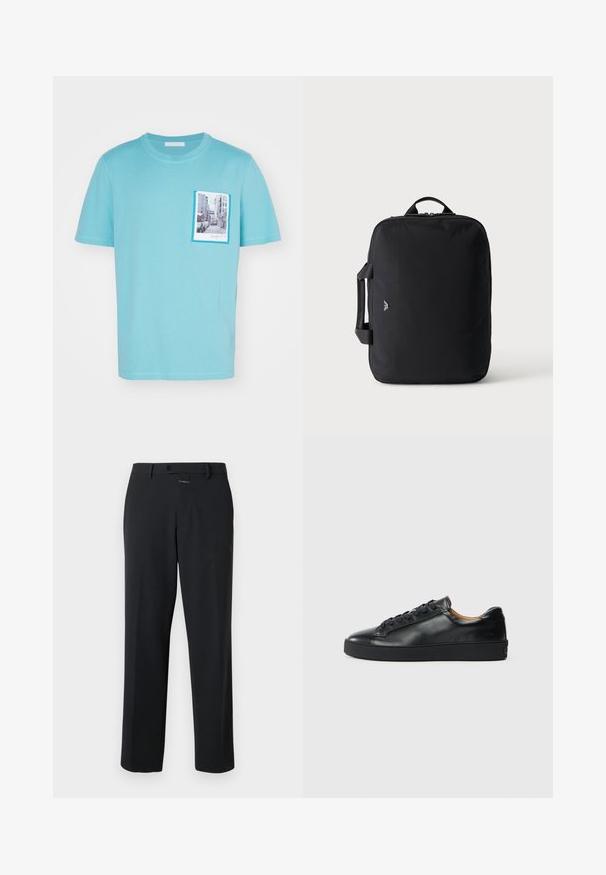 T-shirt en coton bleu clair avec un imprimé de scène de rue sur la poche avant, bordé d'un cadre bleu contrasté, manches courtes.; Pantalon noir à coupe droite, en tissu lisse. Il présente une fermeture à bouton à l'avant et des détails de couture subtils. Conception simple sans motifs.; Baskets en cuir noir avec une texture lisse, bout rond et fermeture à lacets. Comprend une semelle en caoutchouc épaisse et un minimum de détails de marque.; Sac de voyage rectangulaire noir avec poignées en haut et sur les côtés, design minimaliste et petit logo à l'avant sur un fond clair uni.