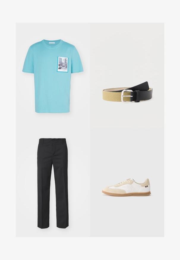 T-shirt en coton bleu clair avec un imprimé de scène de rue sur la poche avant, bordé d'un cadre bleu contrasté, manches courtes.; Filippa K TROY TROUSERS - Pantalon classique - black; Baskets blanches avec accents en daim beige clair, détails perforés, lacets plats et semelle en caoutchouc naturel. Présentent un logo rayé sur le talon.; Ceinture roulée avec tissu beige tissé d'un côté et cuir noir lisse de l'autre, équipée d'une boucle en métal argenté.