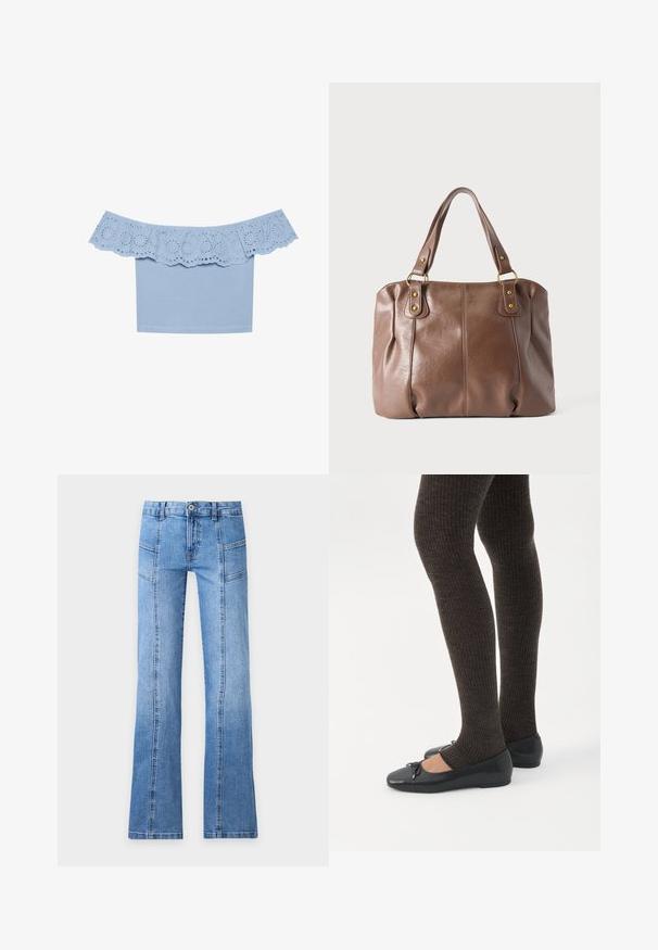Haut bleu clair sans manches avec un col à volants comportant des découpes œillets. Tissu lisse avec un design ajusté.; Jean en denim bleu clair avec taille haute, bouton devant, fermeture éclair, détails de coutures et jambes légèrement évasées sur un fond uni.; Jambes portant des leggings côtelés foncés associés à des ballerines noires avec de petits détails en nœud sur fond blanc.; Sac à main en cuir marron avec deux bandoulières attachées par des anneaux et rivets dorés, présenté sur un fond clair uni.