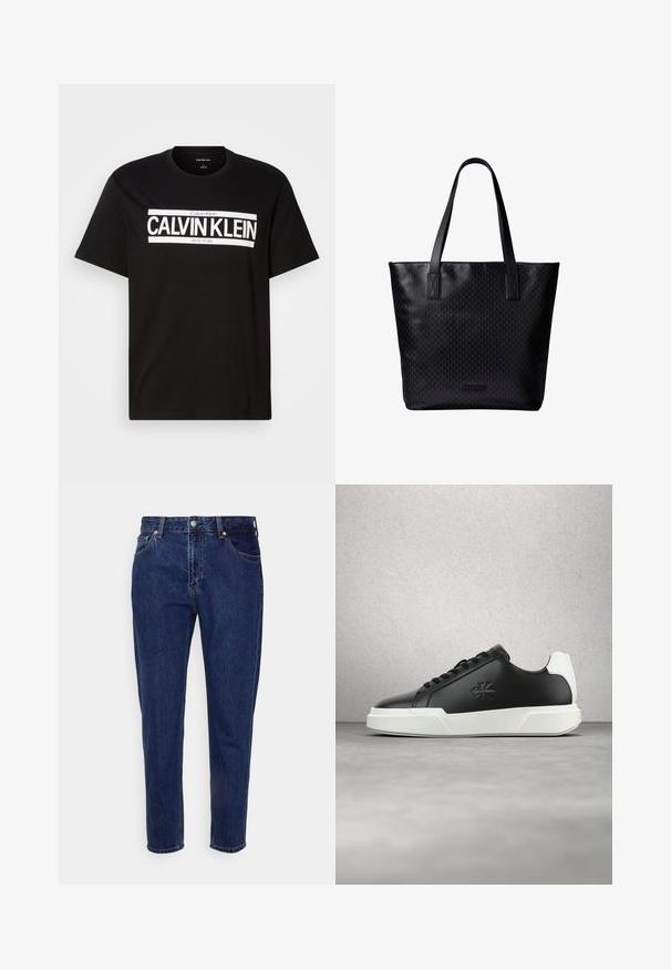 Čierne tričko s krátkym rukávom s bielym logom "CALVIN KLEIN NEW YORK" umiestneným na hrudi, s okrúhlym výstrihom a stredne veľkým štítkom vo vnútri goliera.; Tmavomodré rifľové nohavice rovného strihu s predným zapínaním na gombík a zips, s pútkami na opasok a prednými aj zadnými vreckami.; Čierna kožená teniska s okrúhlou špičkou, bielou gumovou podrážkou a čiernymi šnúrkami. Na boku je logo a na päte kontrastný biely detail.; Čierna taška na rameno s dvoma dlhými rúčkami, jemným geometrickým vzorom, obdĺžnikovým tvarom a malou značkovou nálepkou blízko stredu spodnej časti.