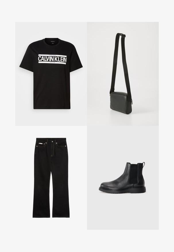 Schwarzes T-Shirt mit kurzen Ärmeln und weißem "CALVIN KLEIN NEW YORK" Logo in der Mitte der Brust, Rundhalsausschnitt und Etikett in Größe Medium im Kragen.; Schwarze Jeans mit geradem Bein, oranger Naht, fünf Taschen, Knopfverschluss und kleinem Calvin Klein-Label auf der vorderen rechten Tasche.; Schwarze Leder-Chelsea-Boots mit strukturiertem Finish, elastischen seitlichen Einsätzen und einer robusten Gummisohle. Dezentes Branding an der Ferse.; Schwarze Leder-Crossbody-Tasche mit glatter Textur, rechteckiger Form, verstellbarem schwarzen Riemen und silbernem Reißverschluss-Detail.