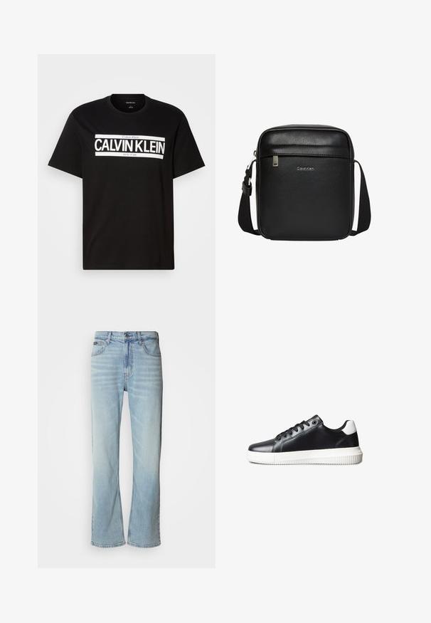 Sort kortærmet T-shirt med hvid "CALVIN KLEIN NEW YORK" logo centreret på brystet, rund halsudskæring og et medium størrelsesmærke indeni kraven.; Lyseblå denimjeans med lige ben, der har fem lommer, knaplukning og en subtil falmning på stoffet.; Sorte lædersneakers med en glat tekstur, hvid gummisål, snørelukning og en kontrasterende hvid hældetalje.; Sort Calvin Klein skuldertaske med justerbar rem, forreste lynlåslomme og subtilt logo på tekstureret læderoverflade.