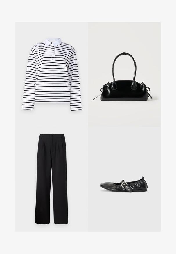 Chemise polo à manches longues blanches avec des rayures horizontales noires, un col classique et un plastron à deux boutons. Tissu en coton lisse.; Pantalons larges noirs avec plis, taille haute, fermeture à bouton et texture de tissu lisse. Aucune poche visible dans le design.; Chaussure plate en cuir noir avec un nez pointu, des détails froncés autour de l'ouverture et un accent en boucle argentée sur la bride ajustable.; Petit sac à main noir brillant avec deux longues anses et des détails à cordon sur les côtés sur un fond clair uni.