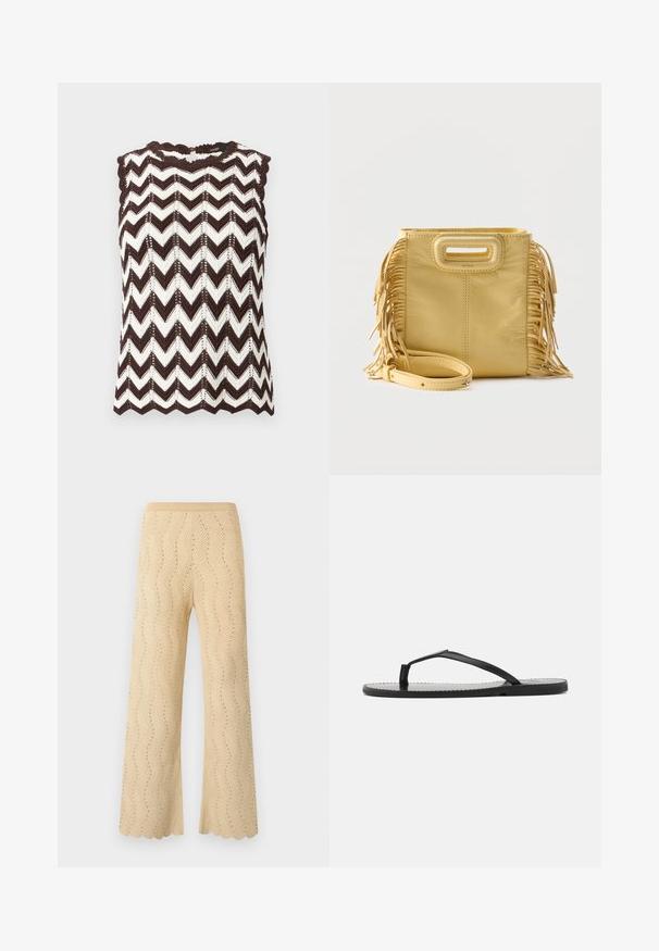 Haut sans manches en tricot avec motif zigzag marron et blanc et bords festonnés aux épaules et à l'ourlet.; Pantalon en maille beige à jambes larges, présentant un motif chevrons avec de petits trous et un ourlet festonné.; Tongs noires au design minimaliste, avec des sangles fines et une semelle plate. Le matériau semble être du plastique avec une texture lisse.; Sac à main en cuir jaune avec détails à franges sur les côtés, poignée découpée rectangulaire et bandoulière amovible placée à l'avant.