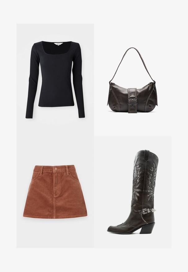 Zwarte lange mouwen rib top met een vierkante halslijn, gemaakt van rekbaar materiaal, strakke pasvorm en in een effen kleur zonder patronen of versieringen.; Bruine corduroy mini-jurk met verticale geribde textuur, voorzakken, een knoopsluiting en een rechte snit.; Zwarte leren cowboylaars met decoratieve uitsnijdingen, zilveren gesp en schuine hak, weergegeven op een witte achtergrond.; Bruine leren schoudertas met een gebogen vorm, voorzien van een opvallende gespdetail, contrasterende stiksels en een enkele schouderband.