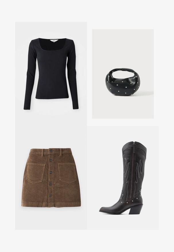 Zwarte lange mouwen rib top met een vierkante halslijn, gemaakt van rekbaar materiaal, strakke pasvorm en in een effen kleur zonder patronen of versieringen.; Bruine corduroy rok met een getailleerde taille, voorzien van een knoopsluiting aan de voorkant, twee voorzakken en een getextureerde ribbelstof.; Bruine leren cowboylaarzen met vlamstiksels, zijrits, zilveren studs, spits toelopende neus en gestapelde hak.; Zwarte leren handtas met een afgeronde vorm, versierd met zilveren studs, en een korte handgreep. Gladde textuur en ritsluiting.